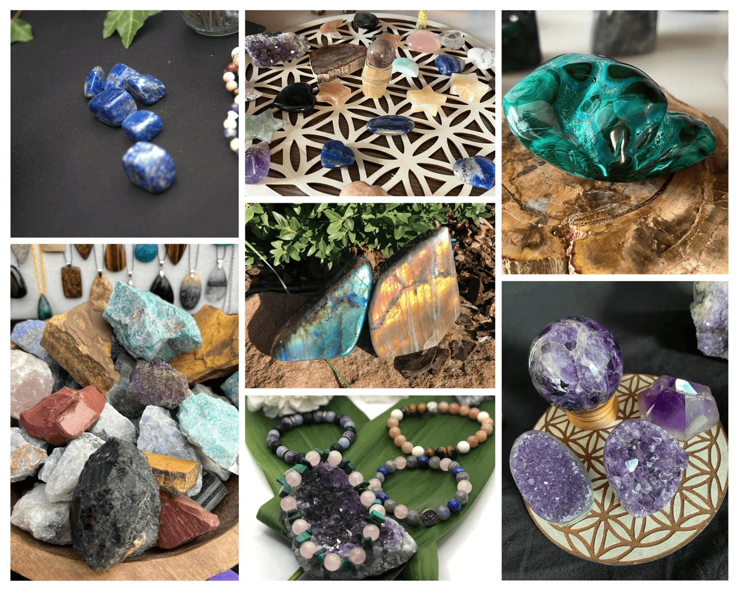 Sélection de pierres naturelles, lapis-lazuli, labradorites et améthystes présentée pour la découverte des minéraux