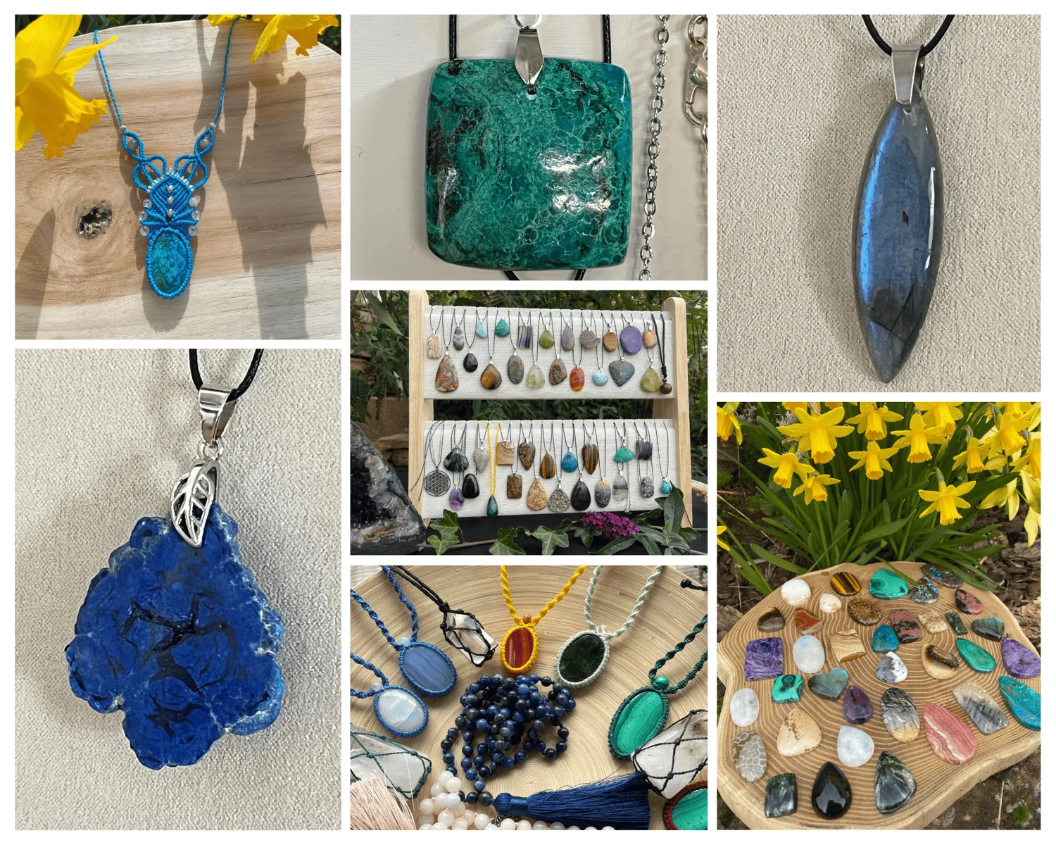 Colliers et pendentifs en macramé et pierres naturelles Aux Soins de Gaïa